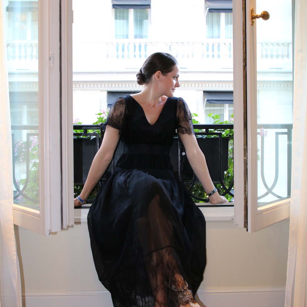 Kate Stoltz in the Ruched Black Lace Dress while in Paris, France